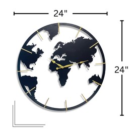 Ravston 24" Large Modern Round Wall Clock with Silent Non-Ticking Battery Powered Movement | World Map Metal Clock for Living Room, Home, Kitchen, Bedroom, Office, School Decor