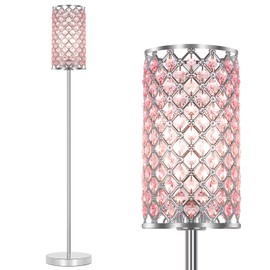 Crystal Floor Lamp for Bedroom, Silver Floor Lamp with Pink Shade, Girls Lamp with On/Off Foot Switch, Elegant Standing Light Tall Pole Lamp for Living Room, Dresser, Office (E26 Base)