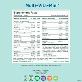 PURE SYNERGY Multi·Vita·Min | Vegan Multivitamin Made with Organic Whole Foods | Twice Daily Supplement for Men and Women | Core Nutrients for Energy, Mood, Immune, and Bone Health (60 Tablets)