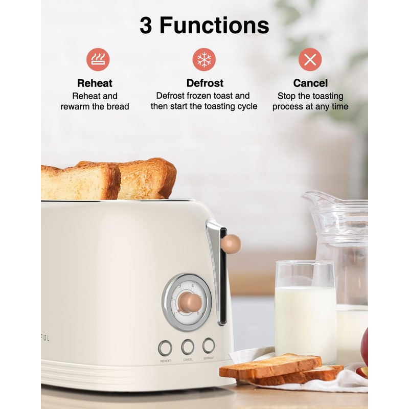 CROWNFUL 2-Slice Toaster, Extra Wide Slots Toaster, Retro Stainless Steel