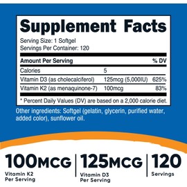 [Japanese Vitamin Supplements] Nutricost Vitamin K2 (100mcg) + Vitamin D3 (5000IU) 120 Soft Capsules, Non-GMO, Gluten Free