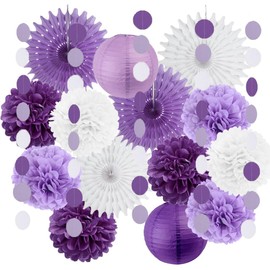 Purple White Lavender Party Decorations Paper Fans Paper Pom Pom Flowers Lanterns Baby Bridal Shower Wedding Bachelorette Graduation Birthday Party Decor