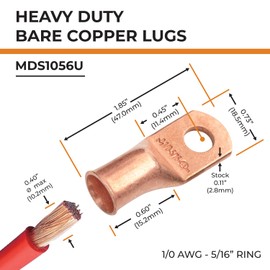 SELTERM 25pcs 1/0 AWG 5/16" Stud Battery Lugs, Ring Terminals, Heavy Duty Copper Wire Lugs, Battery Cable Ends, 0 Gauge Ring Terminal Connectors, UL Bare Copper Eyelets Electrical Battery Cable Lugs