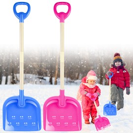 2PCS Kids Snow Shovel, 32" H Detachable Wooden Childs Snow Shovel with Plastic D-Grip Handle and Scoop Winter Children Shovel Blue Pink Toddler Shovel Outdoor Play Snow Gift for Boy Girl Snow Removal