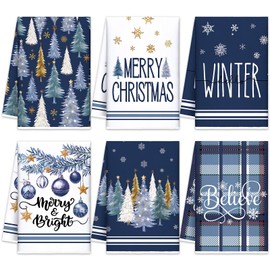 Oudain 6 Pcs Christmas Kitchen Towels Blue Plaid Xmas Tree Tea Dishtowels Decorative Winter Bathroom Hand Towels Farmhouse Blue Christmas Decorations for Kitchen Bath Housewarming Home Gifts