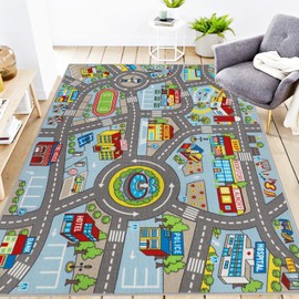 Kids Rug 6'6" x 5'0" City Life Playmat Area Rug Car City Map Washable Traffic Road Educational Learning Nursery Rug Carpet for Children Playroom Living Room Bedroom Classroom Decor Blue