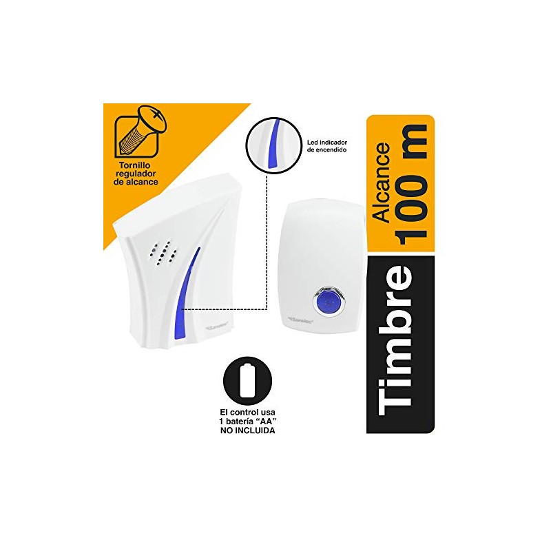 Sanelec 2646 Timbre Inalámbrico con 32 Melodias, LED Indicador de