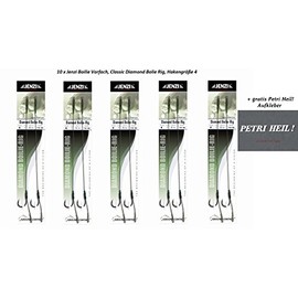 Jenzi Pack of 10 Boilie Rigs Diamond Classic for Carp Fishing, Hook Size 4, Includes Boilie Stopper + Free Petri Heil Sticker