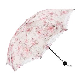 Honeystore Flower Print Vintage Parasol Anti-UV Folding Lace Embroidery Umbrella 3 Folding Beige