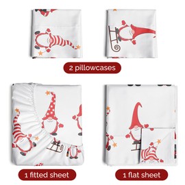 Queen Christmas Gnome Red Sheet Set - Holiday Xmas Pattern Linen Set - Deep Pockets - Snug Fit - 4 Piece - Wrinkle Free - Comfy & Cooling Festive Winter Bedding - Easy To Care For - Kid Friendly
