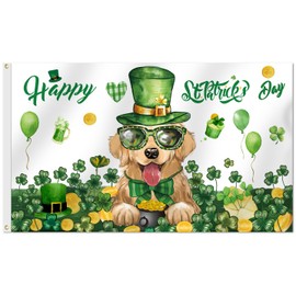 SENSEVEN Golden Retriever Happy St Patricks Day Flag 3x5 Ft Double Sided, Spring Irish Shamrock Clovers Dog Flag, Saint Patrick Holiday Flag with Brass Grommets for Yard Porch, St Patricks Day Decor