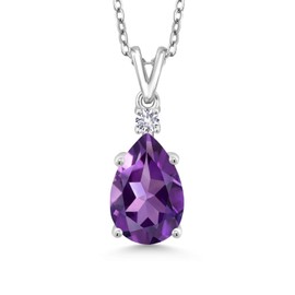 Gem Stone King 925 Sterling Silver Purple Amethyst and White Created Sapphire Pendant Necklace For Women | 2.35 Cttw | Pear Shape 12X8MM | with 18 Inch Silver Chain