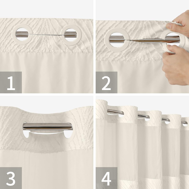 eachope Cream No Hook Tufted Shower Curtain with snap-in Liner