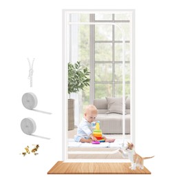 Upgraded Reinforced Pet Screen Door Thickened Cat Resistant Mesh Screen Door for Living Room, Bedroom, Patio, Dog Cat Scratch Proof Screen with Zipper Closure (Fits Door Size up to 36''x 82'', White)