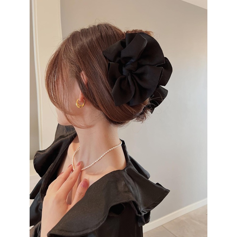 [Kai La Nalu] ネット バレッタ シニヨン おだんごバレッタ リボン ３Ｄ ブラックヘアアクセサリー
