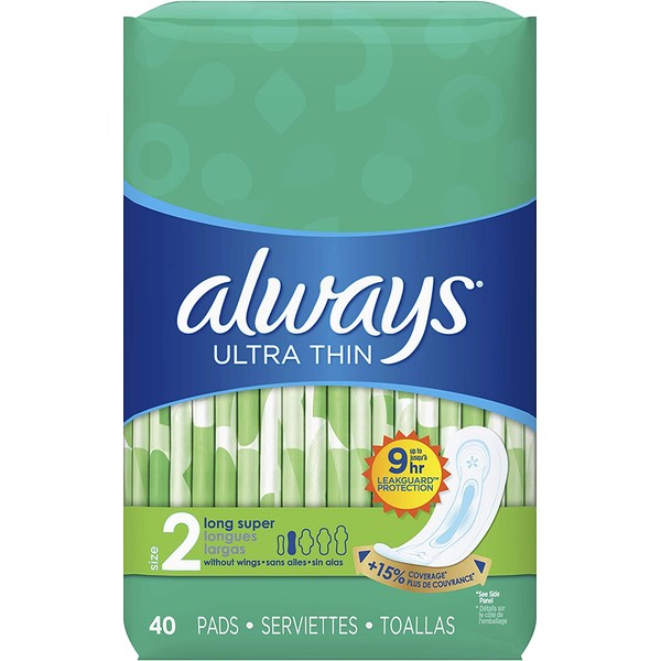 ALWAYS Ultra Thin Size 2 Super Pads Without Wings Unscented, 40 Count, Pack of 3