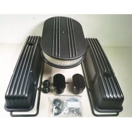 Rodspeedracing 58-86 SBC Chevy Finned Short Valve Covers+Gasket +12" Air Cleaner/Breath