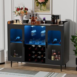Homieasy Wine Bar Cabinet with Power Outlet, Liquor Cabinet Bar with LED Light and Glass Holder, Home Coffee Bar Cabinet, Buffet Sideboard with Storage Shelf for Kitchen, Dining Room - Color: Black