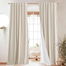 NICETOWN 100% Absolutely Blackout Linen Curtains with Thermal Insulated White Liner, 52" W, 2 PCs, Beige, 95" Long Drapes Sweep The Floor Decorative Keep Privacy Panels for Living Room/Villa/Bedroom