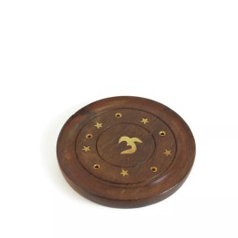 Prabhuji's Gifts Incense Burner - Wooden Round Plate with Om - 4 inches