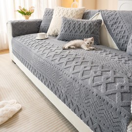 vctops Boho Jacquard Plush Sofa Cover Fluffy Fuzzy Couch Cover for Dogs Soft Cozy Non Slip Sectional Sofa Slipcover Washable Furniture Protector for Kids, Pets (Grey,36"x70")