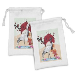 Lunarable Koi Fish Fabric Pouch Set of 2, Japanese Culture Inspired Crane and Sea Animals Sakura Branch Artwork, Small Drawstring Bag for Toiletries Masks and Favors, 9" x 6", Multicolor