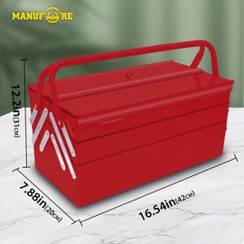 MANUFORE Metal Tool Box 16.5 x 8.5 x 8'' Folding Tool Storage Box, 3 Level and 5-Tray, with A Hole for Locking Red
