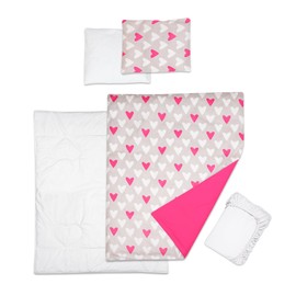 5 Piece Baby Bedding Duvet Pillow with Covers & Jersey Sheet fits 90x55cm Bedside Crib (Pink Hearts)