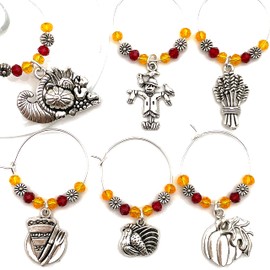 Thanksgiving Wine Glass Charms, Thanksgiving Table Decor, Hostess Gift, Set of 6 in Gift Box