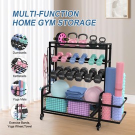 Eglua 4-Tier Heavy-Duty Home Gym Storage Rack with Adjustable Shelves & Lockable Wheels - All-in-One Workout Equipment Organizer for Dumbbells, Kettlebells, Yoga Mats, Foam Rollers, Resistance Bands, and More (Black)