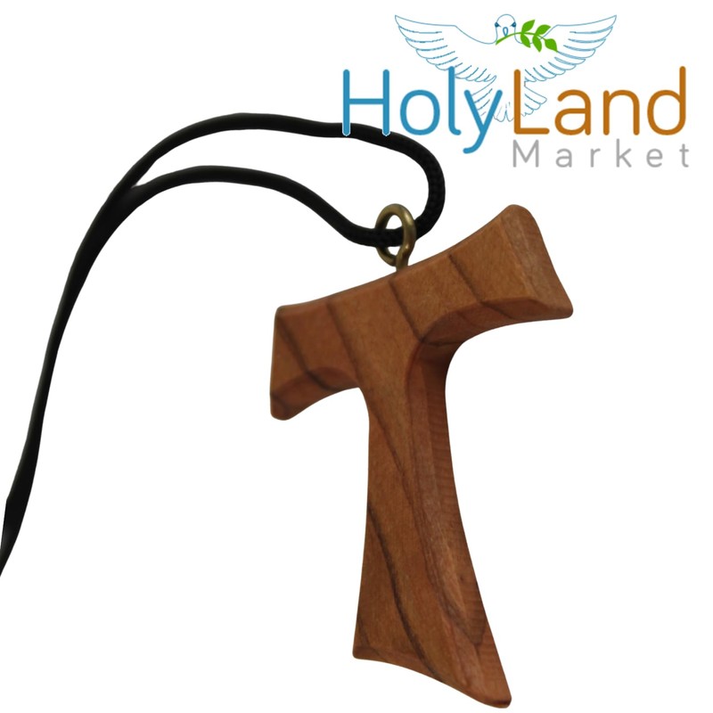 Holy Land Market Hand-Carved Olive Wood Tau Cross Necklace from