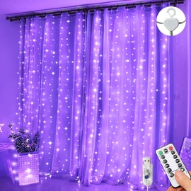Lezonic Curtain String Light Waterproof, 3m×3m 300LED 8 Modes Remote Control Timer Adjustable Brightness,Curtain Fairy Light Plug in for Bedroom, Garden, Party, Wedding, Christmas (Purple)