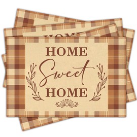 Home Sweet Home Fall Placemats Set of 4, Brown Buffalo Plaid Linen Placemats, Washable Heat Resistant Place Mats Decor for Kitchen Dining Farmhouse, Eucalyptus Print-A06