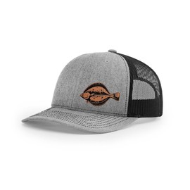 Flounder Fishing Hat Laser Engraved Leather Patch Richardson 112 Snapback Trucker Cap Heather Grey/Black
