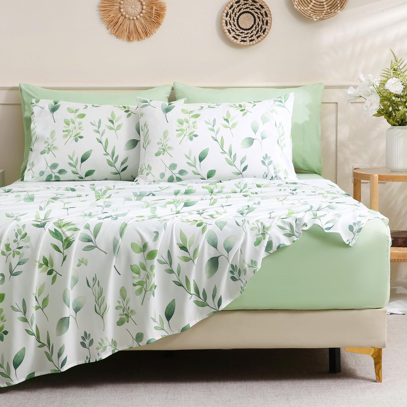 Botanical 6-Piece Queen Bed Sheets Set, Boho Floral Print Brushed