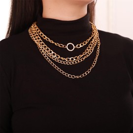 Aimimier Punk Cuban Layered Link Chain Necklace with Crystal Circle Chunky Choker Necklace Prom Party Festival Jewelry for Women Girls, 14.1in, Metal, No Gemstone