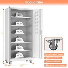 JAORD Upgraded Metal Storage Cabinet with Pegboard,71" H Storage Cabinet with Doors and Shelves,Rolling Tool Chest on Wheels for Garage,Home Office,Utility Room,Required Assembly,White