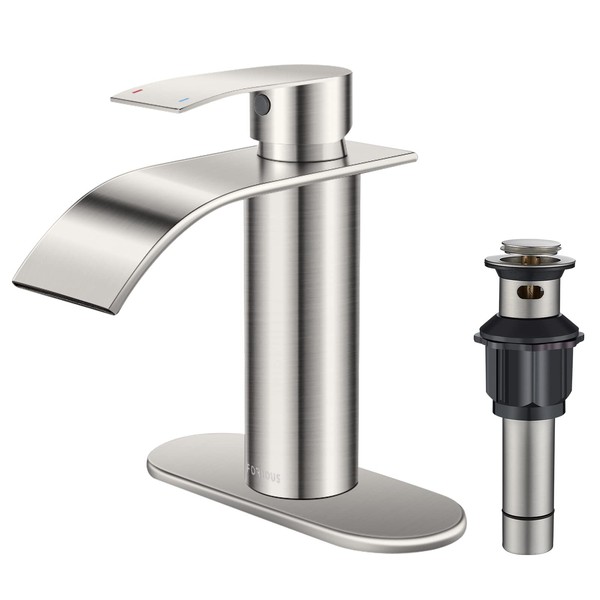 FORIOUS Waterfall Bathroom Faucet Single Handle, Single Hole Bathroom Sink Faucet Stainless Steel, Brushed Nickel Bathroom Faucet with Deck Plate, 1 Hole or 3 Hole Lavatory Faucet for Bathroom Sink