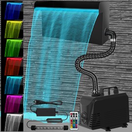 AquaMiracle All-in-1 Pond Waterfall Kit with LED Lights, 12" Stainless Steel Spillway with 660GPH Water Pump, Lighted Waterfall Fountain Outdoor for Water Garden, Backyard, Pool