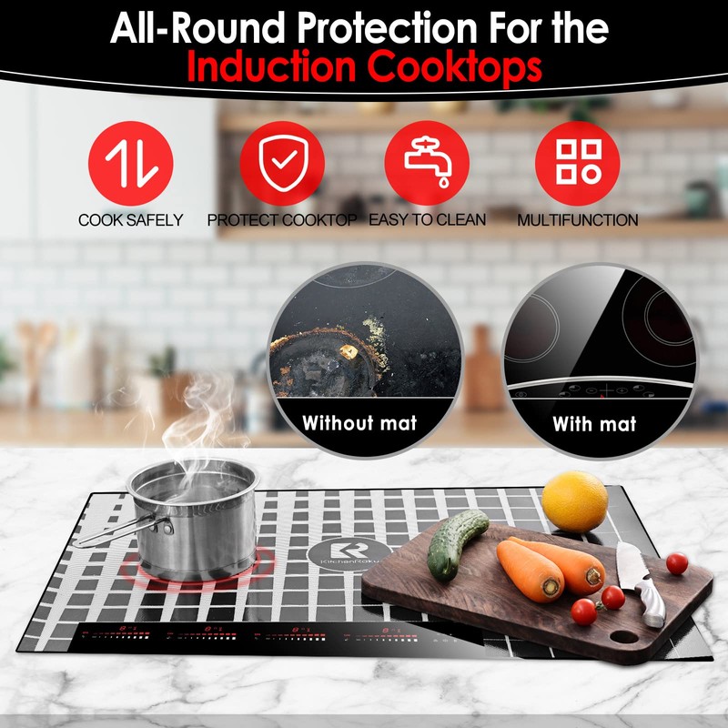 KitchenRaku Checkered Large Induction Cooktop Protector Mat with Plastic Bowl