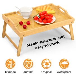 2 Pack Bamboo Bed Tray Table, Folding Legs and Handles, Breakfast Tray, Laptop Desk for Bed or Sofa, Serving Tray for Eating, Working, Reading,Picnic