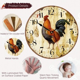 VIKMARI Kitchen Wall Clock 8 Inch Rustic Rooster Silent Non Ticking Wall Clock Quartz Battery Operated Round Wall Clock Easy to Read Wooden Wall Clocks for Living Room,Bedroom,Kids Room and Coffee Bar