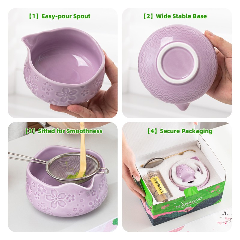 TEANAGOO Matcha Set 7-Piece Purple, with Ceramic Bowl (Chawan), Spout