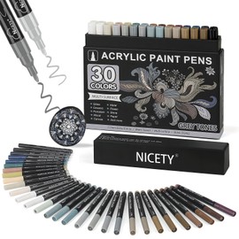 NICETY 30 x Acrylic Pens for Stones, Waterproof, Multimarker, Acrylic Marker, Glass Paint Pens for Stone, Fabric, Wood, Canvas, Glass, Ceramic, 0.7 mm Acrylic Paint Markers (Grey)
