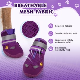 Dog Shoes, FISHOAKY Dog Shoes for Large Dogs, Mesh Breathable Dog Boots & Paw Protectors for Summer Hot Pavement Winter Snowy, 360°Anti Slip 4Pcs Dog Booties with Reflective Purple (Size 4)