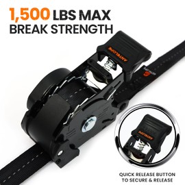 Heavy Duty Retractable Ratchet Straps (2 PK) - 1IN x 12 FT Self Retractable Tie Down Straps with Soft Loop- 1,500LB Break Strength Auto Ratchet Straps for Motorcycle, Truck, Cargo, Trailer (Black)