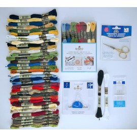 DMC Embroidery Floss Pack, Home Decor, DMC Floss Kit Include 36 Assorted Color Bundle with DMC Mouline Cotton White/Black, DMC Tapestry Hand Needles, DMC Embroidery Scissors, and DMC Needle Threader