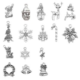 SUNNYCLUE 1 Box 64Pcs 16 Style Christmas Charms Reindeer Charms Santa Claus Pendants Snowflake Charms for Jewelry Making Candy Cane Charms Jingle Bell Xmas Bracelet Earring Making Gift Box Decor