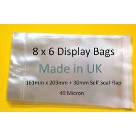 celloexpress EUROSLOT - 8" x 6" - 161mm x 203mm Plus 30mm Header with Euroslot - 40 Micron Cellophane Clear Display Bags Self Seal - Small Cello - Pack of 100