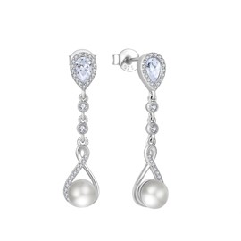 FATACI Women Pearl Earrings,925 Sterling Silver 5A Cubic Zirconia Leverback Dangle Drop Earrings with Cultured Freshwater Pearl for Her Mother Wife Birthday Wedding Engagement…, Pearl, Cubic Zirconia